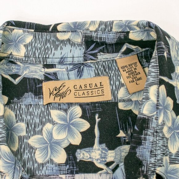 Vintage LORD & TAYLOR Aloha Camp Shirt Mens L Blue Rayon Hawaiian Hula Dancers - Picture 2 of 10